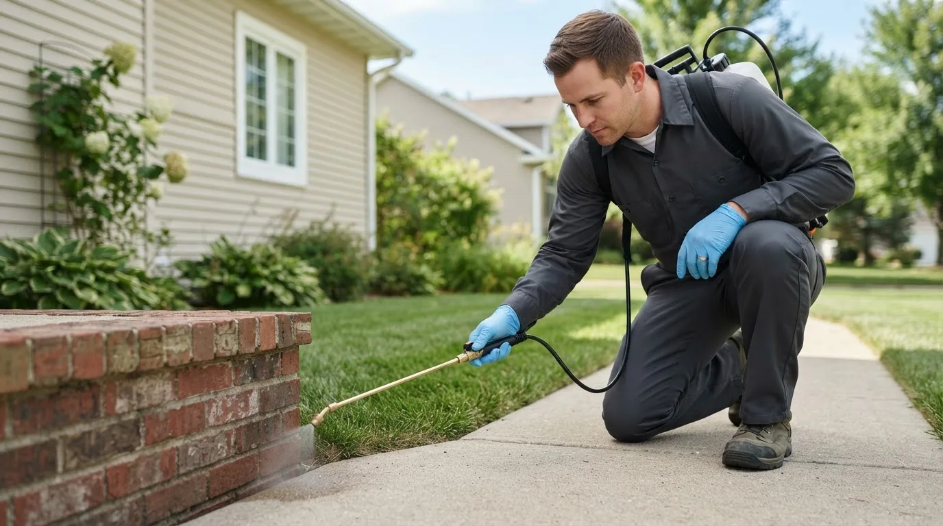 Pest control technician treating a home near Keeseville, NY